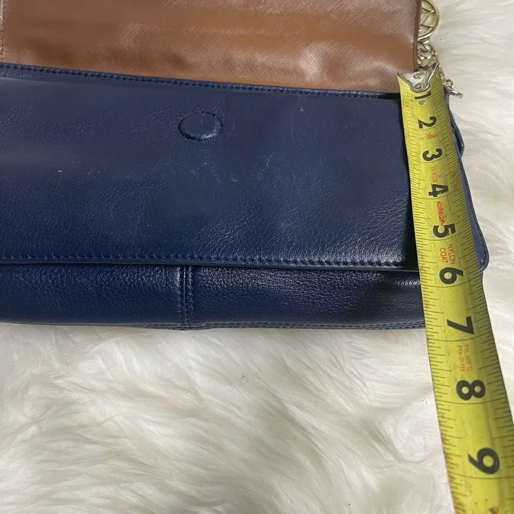 DKNY Melissa leather Navy Blue satchel with silver tone chain strap.